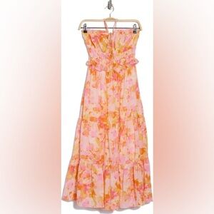 100% Cotton Halter Pink Yellow Orange Flowy Maxi Dress New with Tags Size M Lush